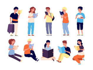 Kids with book. School girls and boys read books. Pupils with textbooks. Little readers isolated vector cartoon characters. Illustration boy and girl read book, reading schoolchild