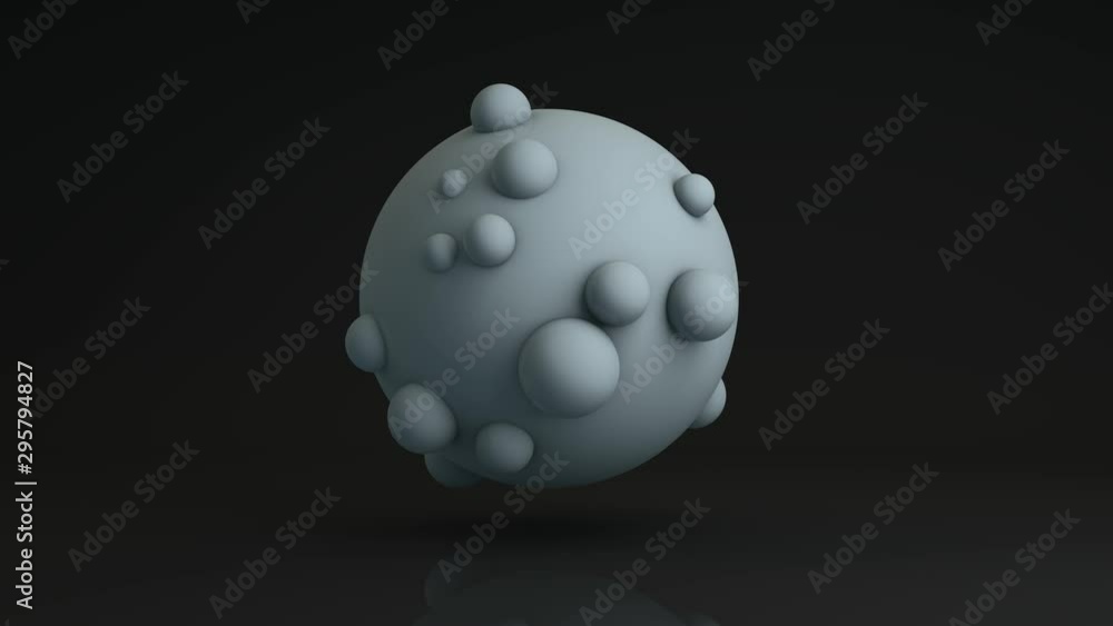 Poster 3d animation of the fall of a large sphere around which many small balls pulsate.