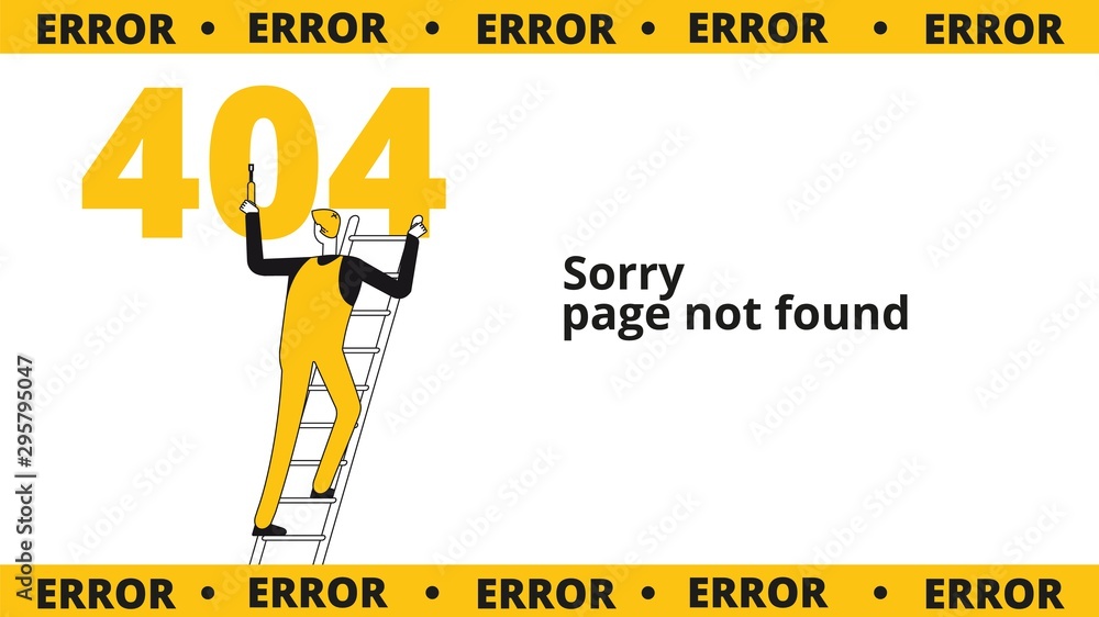 Poster error 404 page. computer failure, oops concept. website vector template with flat line male characte
