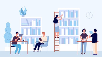 Library concept. Students coworking space. University college library, vector flat people characters. Illustration education library, studens with book study