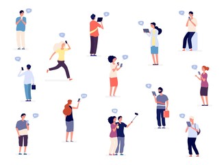 Fototapeta na wymiar People with phones. Vector flat characters, group of people, teenagers with gadgets. Illustration people with phone in social network