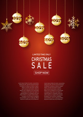 Christmas holiday sale on red background with snow. Limited time only. Template for a banner, shopping, discount. Vector illustration for your design