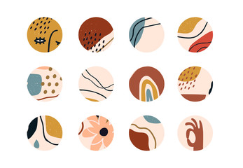 Set of various vector highlight covers. Abstract backgrounds. Various shapes, lines, spots, dots, doodle objects. Hand drawn templates. Round icons for social media stories. Perfect for bloggers