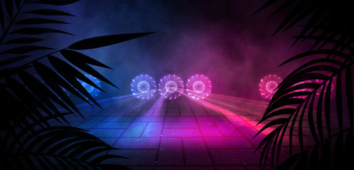 Fototapeta premium Dark background of the street, thick fog, spotlight, blue and red neon. Abstract background with neon lights, night view.