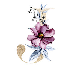 Letter j with watercolor flowers and leaves. Gold floral alphabet, monogram initials perfectly for...