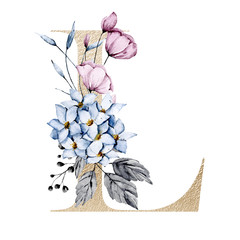 Letter l with watercolor flowers and leaves. Gold floral alphabet, monogram initials perfectly for...