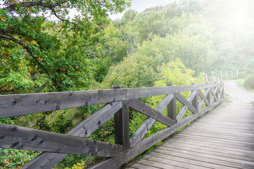 Fototapeta na wymiar dark wooden bridge over river in a mountain forest