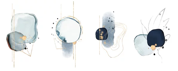Photo sur Plexiglas Pour elle Illustration aquarelle bleue et or, isolé sur fond blanc. Impression moderne abstraite. logo