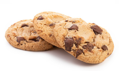 Chocolate chip cookies isolated on white background with shadow.