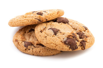 Chocolate chip cookies isolated on white background with shadow.