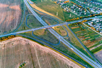 Clover road junction. The connection of the expressway with a secondary road. View from a great...