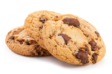 Chocolate chip cookies isolated on white background with shadow.