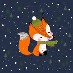 Merry Christmas and New Year greeting card with cute fox on dark blue background.