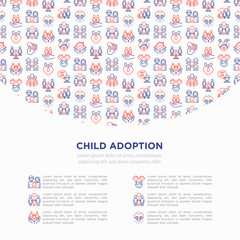 Fototapeta na wymiar Child adoption concept with thin line icons: adoptive parents, helping hand, orphan, home care, LGBT couple with child, custody, caregivers, happy kid. Modern vector illustration with copy space.