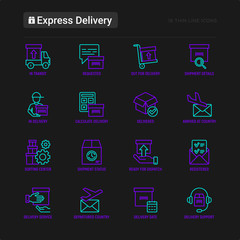 Express delivery thin line icons set: parcel, truck, out for delivery, searching of shipment, courier, sorting center, dispatch, registered, delivered. Modern vector illustration for black theme.