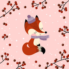 Merry Christmas and New Year greeting card with cute fox on pink background.