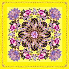 Silk scarf, tablecloth, napkin or handkerchief with decorative frame, bouquets of garden flowers, paisley ornament and stylized mandala. Print for fabric.
