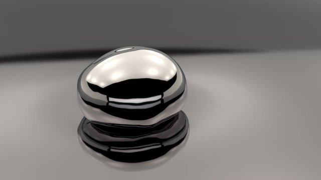 3D animation of a drop of liquid mercury falling on a silvery metal surface.
