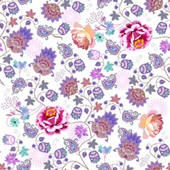 Delicate seamless pattern with garden and fantasy flowers, paisley, leaves and little berries on white background.