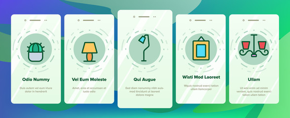Home Decoration Items Onboarding Mobile App Page Screen Vector Icons Set Thin Line. Chandelier And Lamp Lighting Equipment House Decoration. Furniture And Mirror Contour Illustrations
