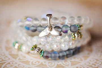 Metal whale tale pendant on mineral stone beads mala necklace