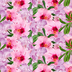 Beautiful floral background of peonies and hibiscus. Isolated