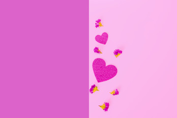 Velvet paper hearts and flowers, abstract pattern blank for Valentine's day, copy space