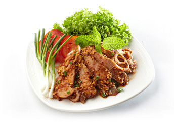 Spicy minced pork salad (Labb Moo) in white plate