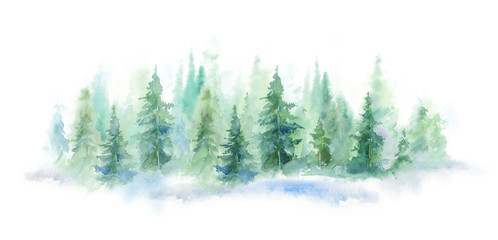 Green landscape of foggy forest, winter hill. Wild nature, frozen, misty, taiga. horizontal watercolor background - 295799625