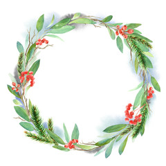 Watercolor winter floral wreath. Christmas illustration. Hand painted tree branches composition with berries, fir branches