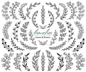 Big set of hand drawn vector plants and branches with leaves, flowers, berries. Floral sketch collection.