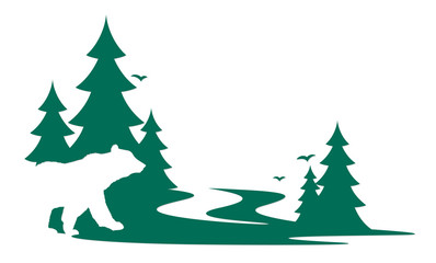 Silhouette of a wild bear with green forest.