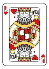 A playing card king of hearts in red, yellow and black from a new modern original complete full deck design. Standard poker size