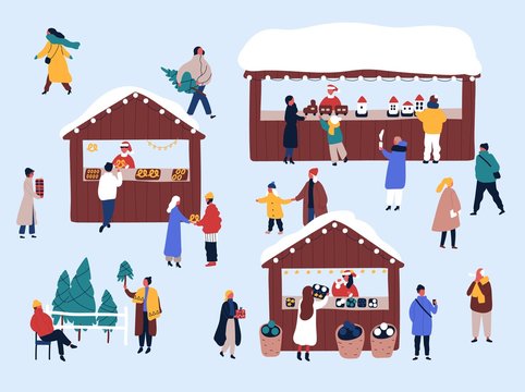 Christmas Fair, Street Market Flat Vector Illustration. Merchants And Customers Cartoon Characters. Vendors Selling Fir Trees, Food And Presents. Xmas Atmosphere, Traditional Holiday Shopping.