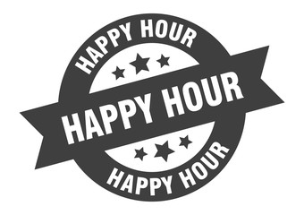 happy hour sign. happy hour black round ribbon sticker