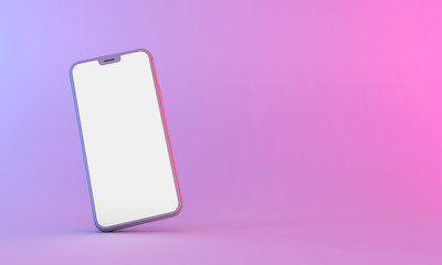 Smartphone mockup with blank white screen with neon lighting. 3D Render