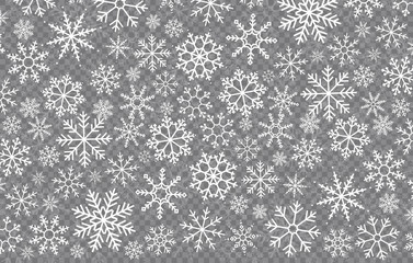 Happy New Year, Christmas and xmas. Falling snow. Snowflakes in different shapes. Winter holidays. Vector snowflake on transparent background.