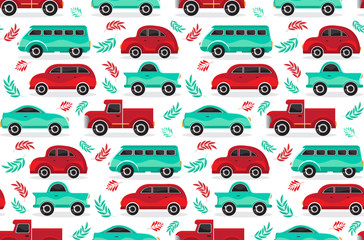Seamless pattern of green and red cartoon car in flat vector. Transport vehicle. Children s cute background toy car. Fun design for textiles, paper, fabric, packaging, Wallpaper,