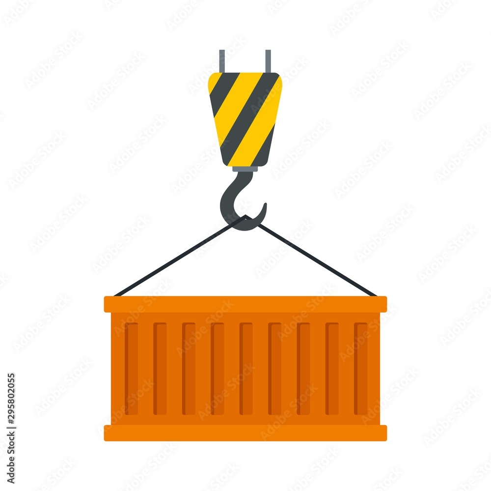 Poster container on crane hook icon. flat illustration of container on crane hook vector icon for web desig