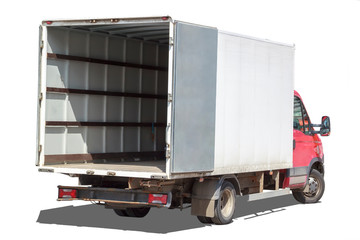 small truck with red cab stands with open empty body ready for loading cargo. Сlipping path is included