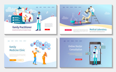 Set of web page design templates for Laboratory diagnostic, Family doctor, Online doctor consultation, Medicine clinic and health care. Vector illustration for poster, banner, website, presentation.
