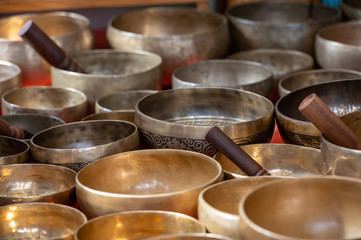 Alcalá de henares, Madrid / Spain. 10.13.2019. Sale and exhibition of Tibetan bowls