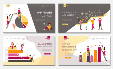 Set of web banners for data analysis, teamwork, statistics, productivity, success, business management software and workflow. Vector illustrations can be used for banner, presentation, website.