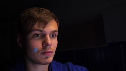 Artist copyist paint seascape with ship in ocean. Craftsman decorator draw as boat sail on blue sea with acrylic oil color.