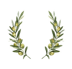 Watercolor vector wreath of olive branches and berries. © ElenaMedvedeva