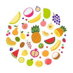 Fruits round shape vector illustrations on white background. Cute healthy eating fruit and berry collection