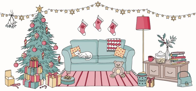 Hand drawn illustration of a living room with Christmas decoration, interior design with couch, cupboard, Christmas tree and gift boxes