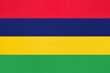 Republic of Mauritius national fabric flag, textile background. Symbol of african world country.