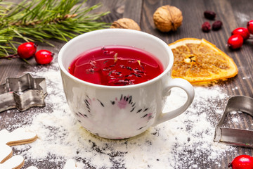 Christmas hot tea background. New Year mood