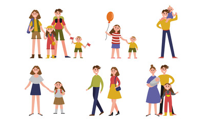 Happy Family Spending Time Together At Home And Outdoors Vector Illustration Set Isolated On White Background